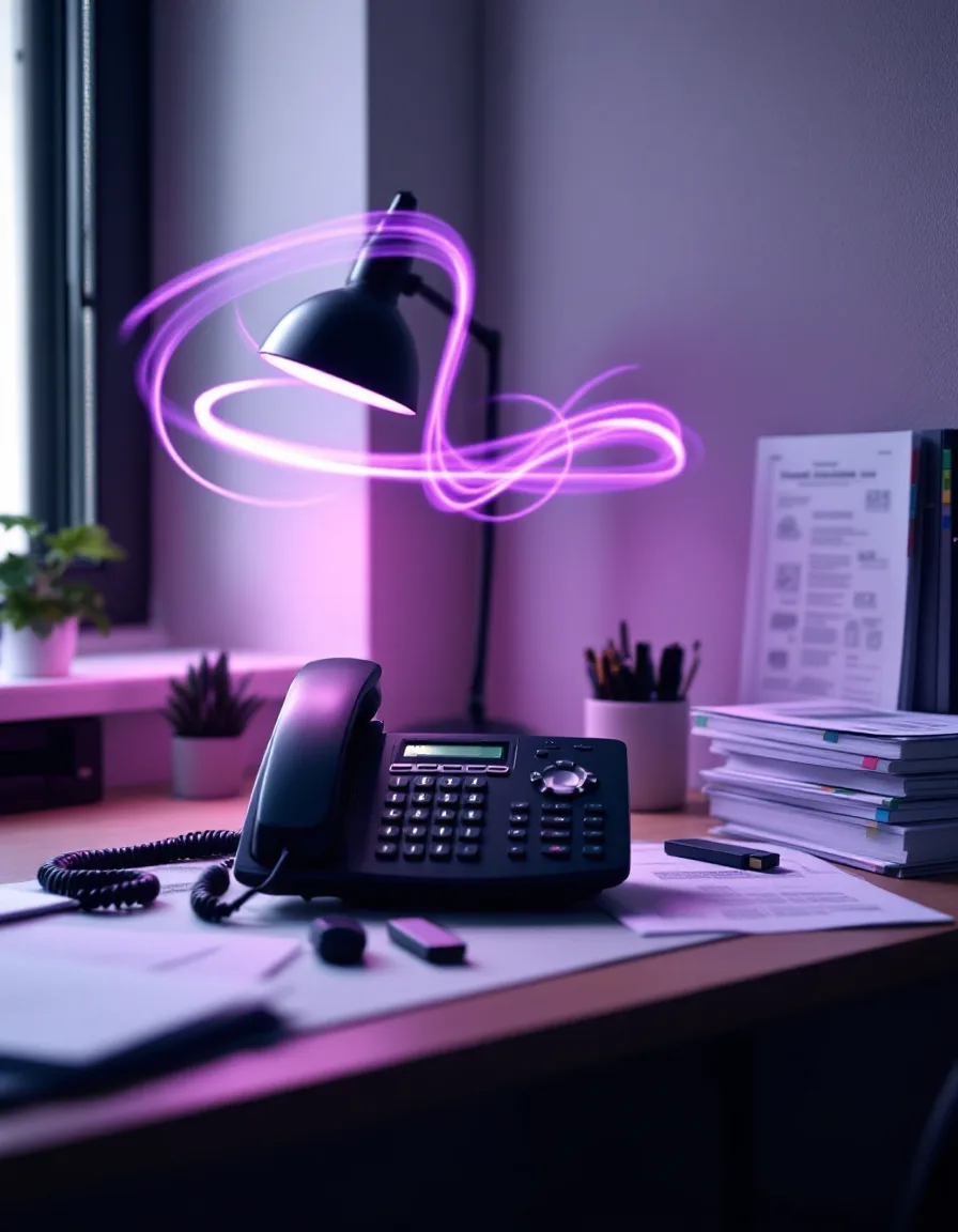 A translator's desk with a telephone, printed device manuals and a violet light trail where the handset was lifted