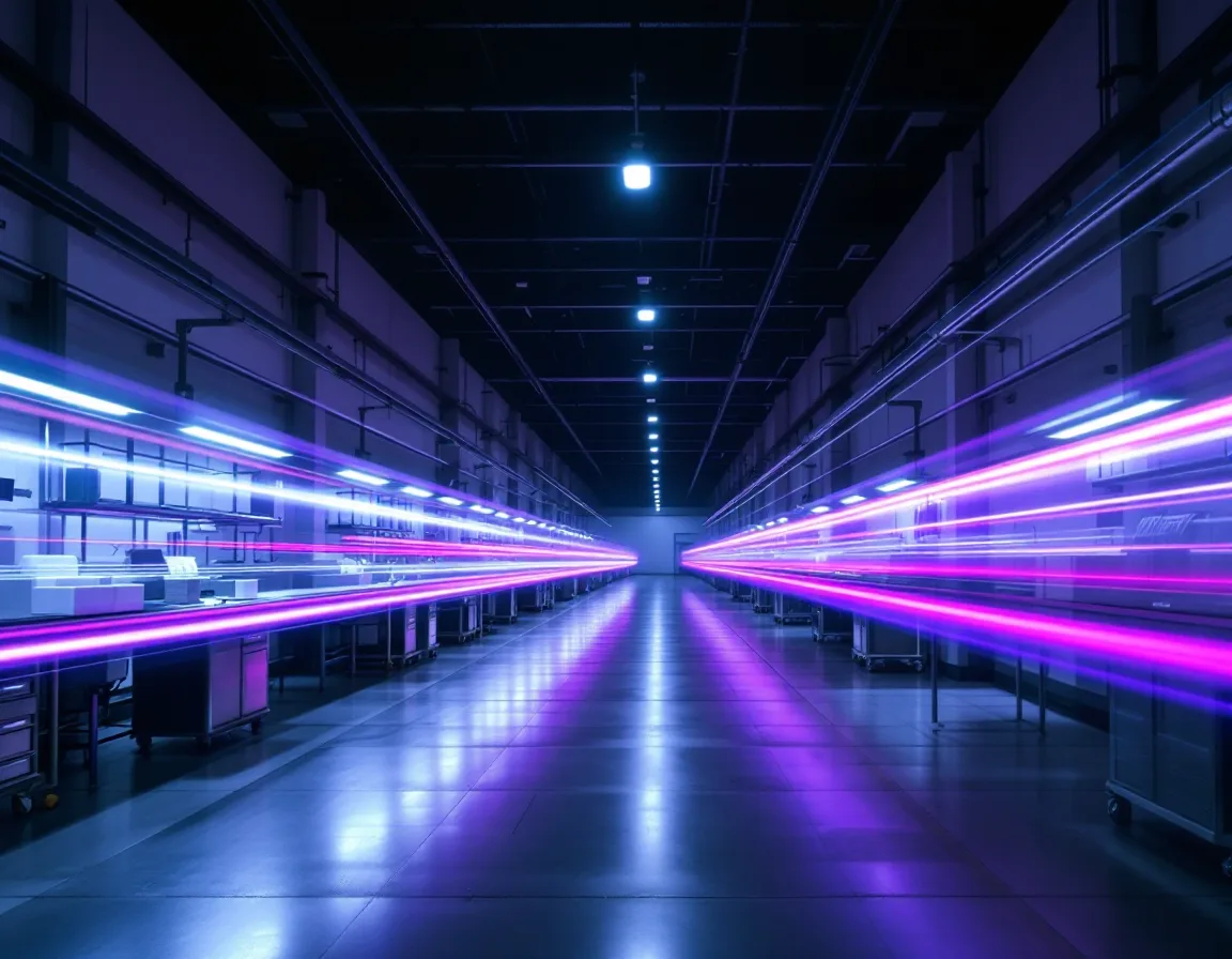 Long-exposure photo of a medical device assembly corridor with soft light trails left by moving carts