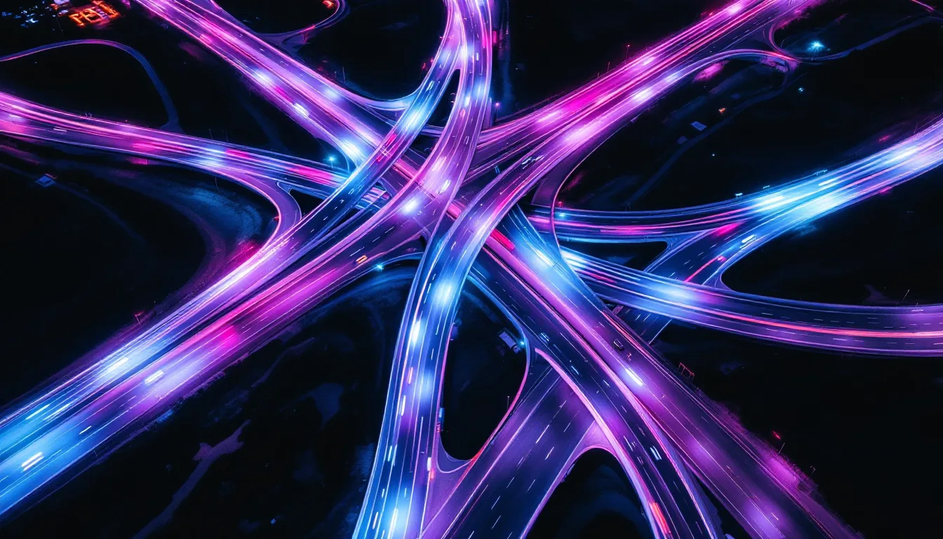 Long-exposure night view of a highway interchange with light trails splitting into separate ramps