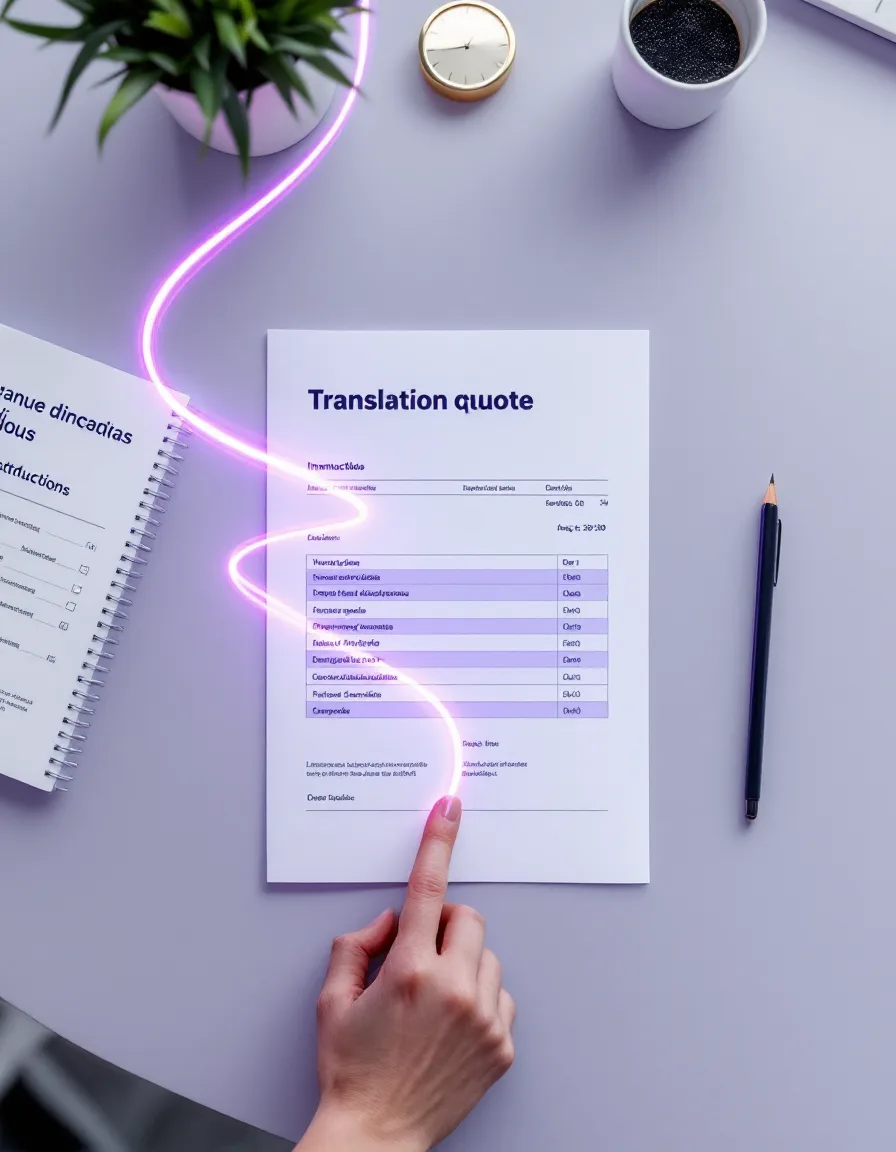 Flat-lay of a device instructions booklet, a sterile carton and a printed string file, crossed by a violet light trail